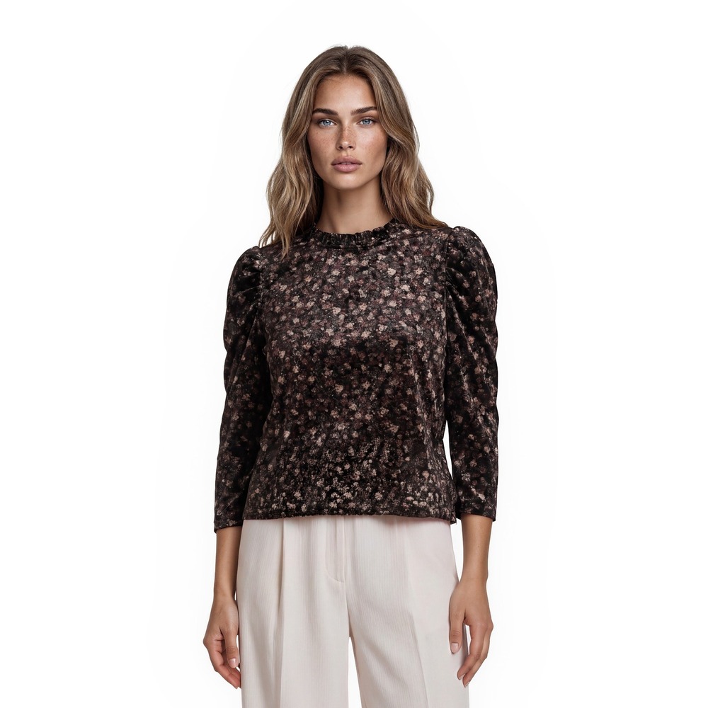 CeCe Blouse Women's Size XL Black‎ Pink Floral Velvet Mock Neck Puff Sleeve